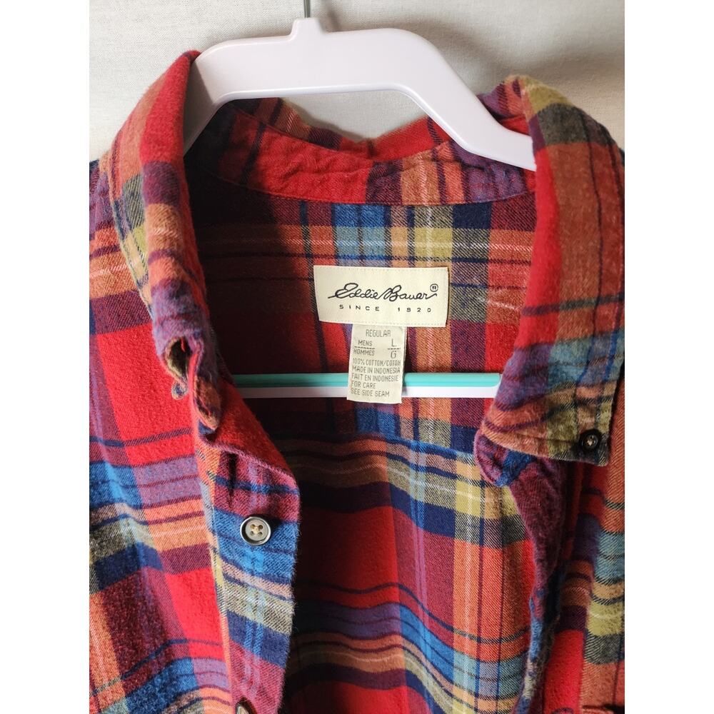 Eddie Bauer L Mens Red Plaid Flannel Shirt 100% Cotton Button Up Long Sleeve - Picture 2 of 9